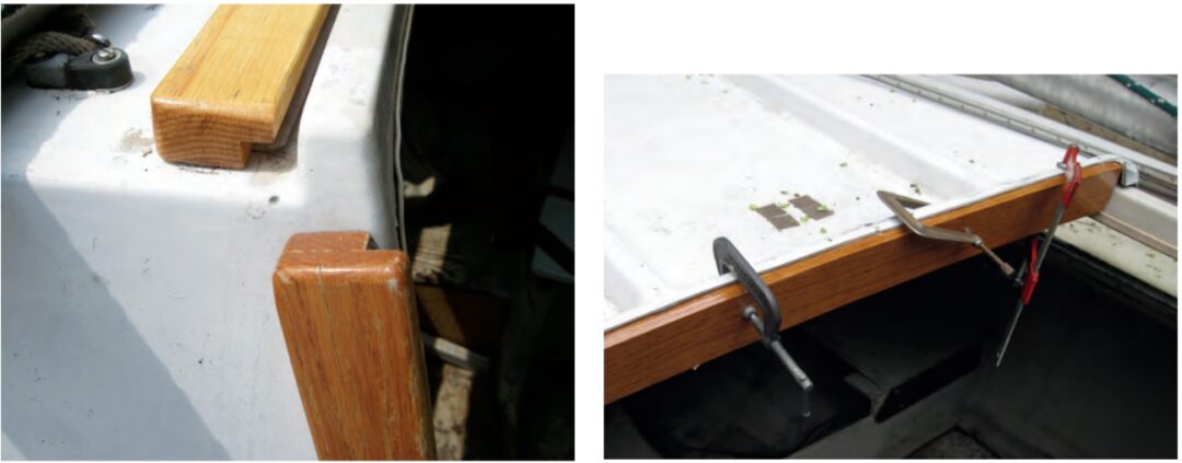 The hatch guide on the cabintop is made from a single piece of wood. The hatchboard guides are two pieces glued together, at left. The hatch-end repair required Chas to cut the oak to the curve of the hatch and shape it to fit into the fiberglass rim, at right.