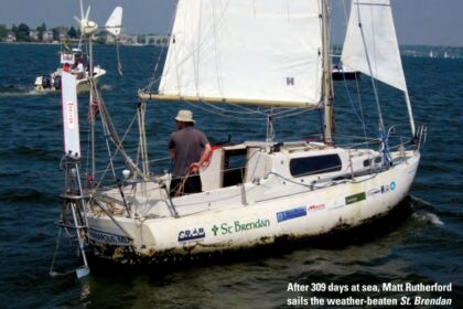 After 309 days at sea, Matt Rutherford sails the weather-beaten St. Brendan into Annapolis, Maryland.