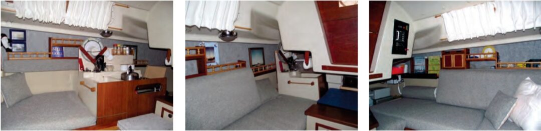 The galley slides out when it’s time to prepare meals, at left, and away at other times, at center. Dan’s fiddled shelves add to the available stowage areas, at right.