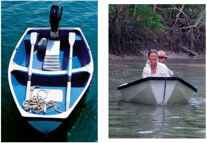 The full-sized Chameleon was too long to nest behind Carina’s mast, so Philip and Leslie modified Danny Greene’s plans to make Bacio, at left, which has the same freeboard and beam but is only 8 feet long. Bacio has been used nearly every day for almost eight years and has proved to be a rugged, reliable, and stable tender, at right. Plus she’s a pretty boat with a graceful sheerline.