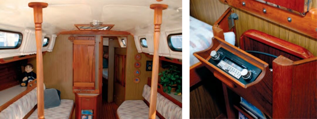 Pied Piper’s saloon has classic in-line settees with pilot berths outboard, which Ron uses as storage areas, at left. Ron built a magazine rack and entertainment center under the saloon table, at right.