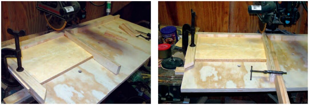 To produce uniform scarf cuts, the jig must first be clamped firmly to the work table, at left. The wedges lying on the far side of the table are the offcuts. With the piece to be cut clamped to the fence, at right, advancing the saw slowly will produce a clean cut.