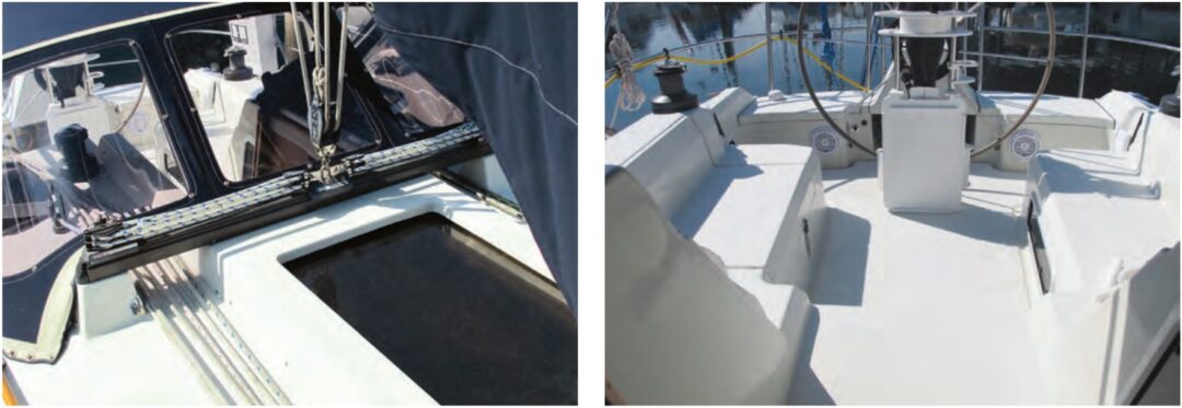 As one would expect on a high-performance boat, there are a lot of lines to tweak, and on Intuitive they are all led aft to the cockpit, at left. The C&C 34+ carries its beam well aft to increase offwind speed potential, but a drawback of having the cockpit use all that beam is that the cockpit seats are so far apart that average-size people have difficulty bracing their feet against the leeward seat, at right.