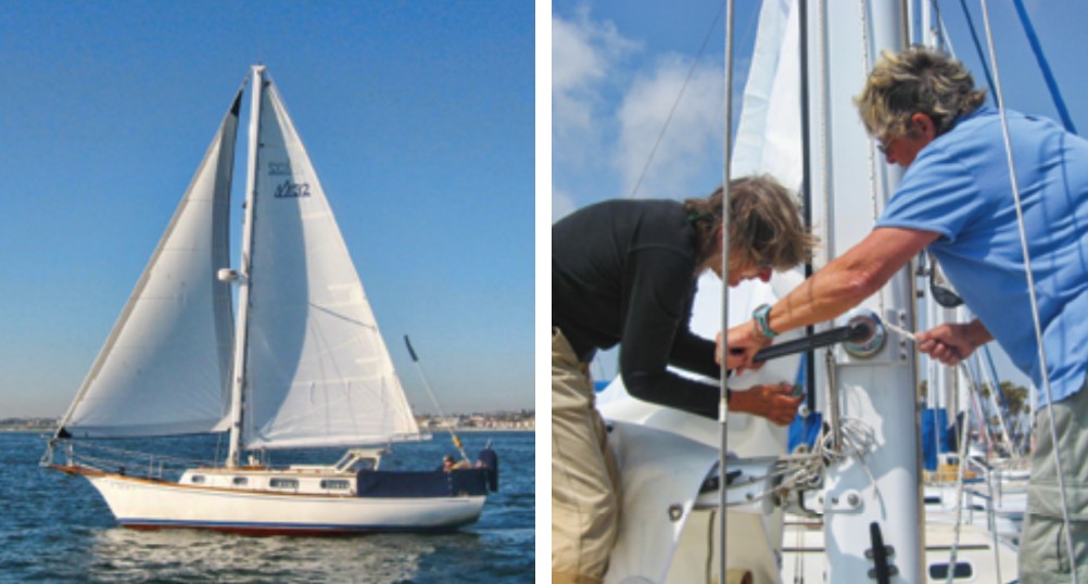 Most of the Fuji 32s built were ketch rigged. Jo likes Sunshine’s sloop rig, at left, because it’s easier for one person to handle. While Dee works the halyard, sailmaker Carol Hasse feeds the new mainsail onto the new sail track on the freshly painted mast, at right.