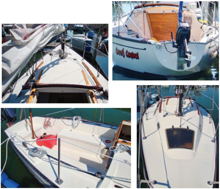 The mainsheet traveler on the San Juan 24 is fitted forward of the companionway hatch, above left. The hatch slide is not protected by a sea hood. The tiny transom, above right, dates the boat as an early IOR design. Large lockers are fitted under the aft and port seats in the spacious cockpit, lower left. The foredeck is quite uncluttered, lower right.