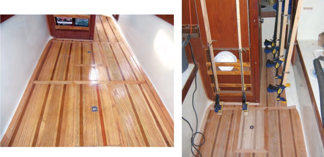 Jim made the cabin sole, at left, with oak and mahogany. To hold the sole planks down while the adhesive set up, he reconfigured bar clamps as spreaders, at right.