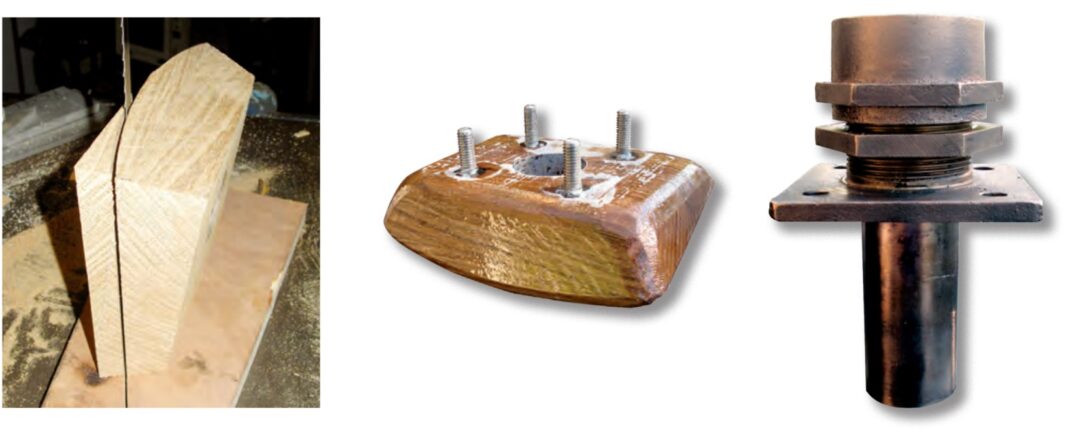 Jim cut out the new block for the lower bearing on his band saw, at left, and epoxied studs into it to receive the bearing, center. The bronze bearing and shaft-seal assembly, at right, is a readily available stock item.
