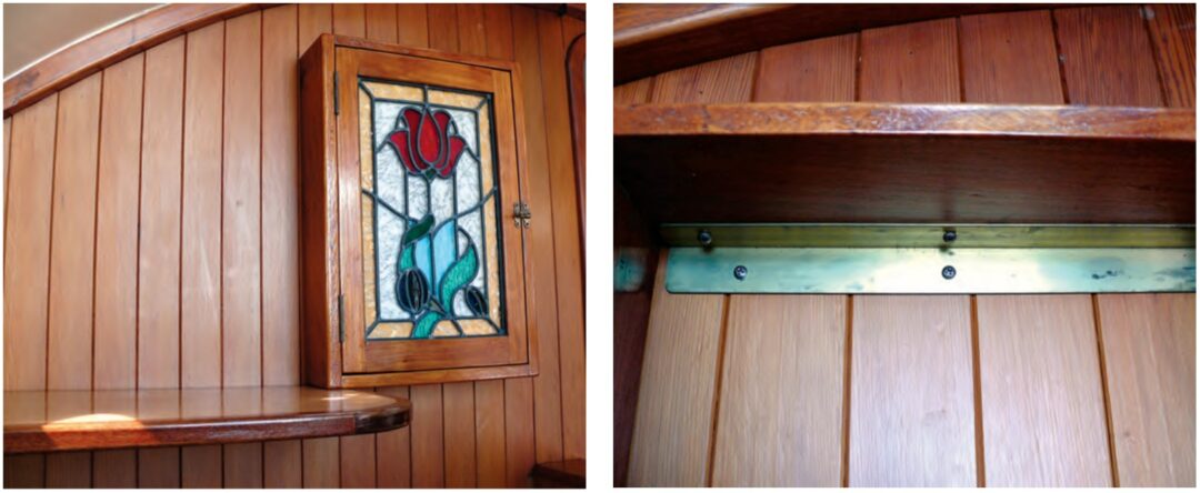 Another way to increase storage space, and add a design element to the décor, is to mount a ready-made cabinet on a bulkhead, at left. Petrea used brass angle to attach her cabinet to the bulkhead, at right.
