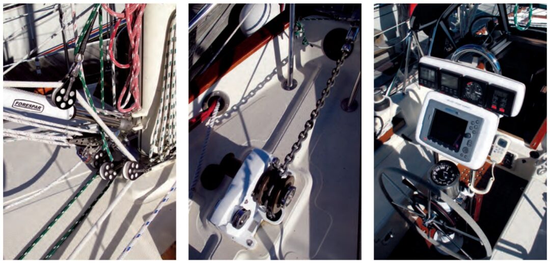 The sail control lines, at left, lead to the cockpit; a manual windlass, center, works for them; the helm is well-provided with data displays, at right.