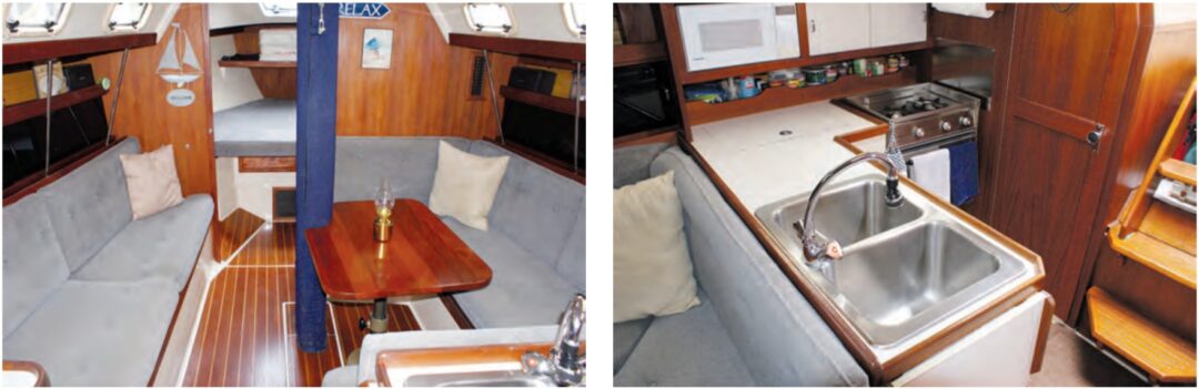 With an abundance of fixed and opening portlights, the saloon is bright and airy, at left. While compact, the galley has everything one needs: a deep double sink, an icebox, and a two-burner stove with oven, at right. A nice touch is the hinged counter section to provide more workspace.