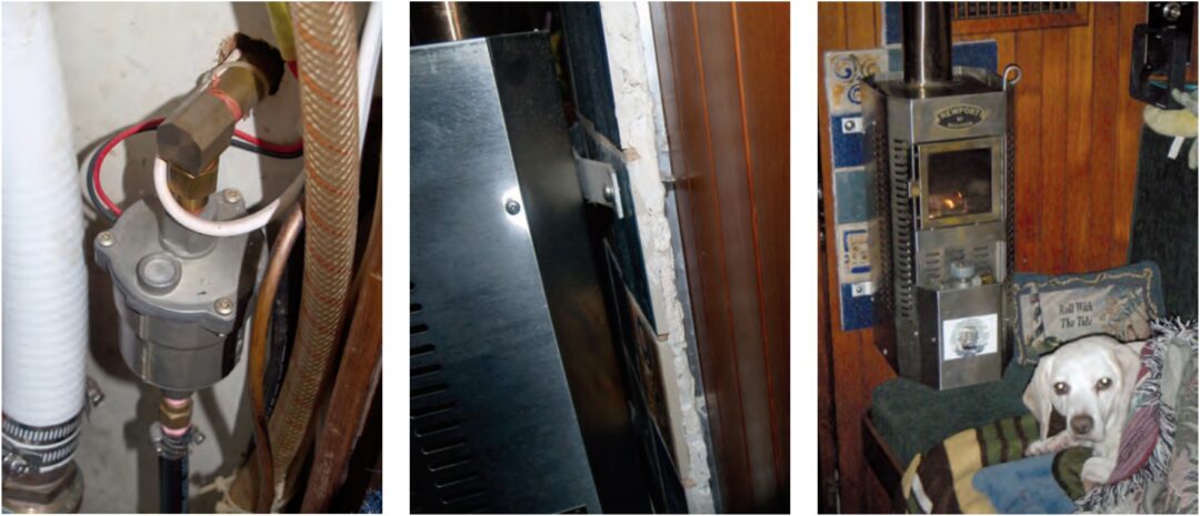 Burry installed the fuel pump, at left, in the head compartment on the back side of the bulkhead from the heater. He bolted the fireplace mounting bracket to the heat shield, center, and bolted the heat shield to the bulkhead separately using nuts and washers to create a stand-off between the shield and the bulkhead. The heat shield is 1/4-inch-thick ceramic tiles mortared to 3/4-inch backer board and adds a touch of color to the cabin. At right, Bartley the Boat Beagle approved of the project and was most grateful for the effort Burry put in on his behalf.