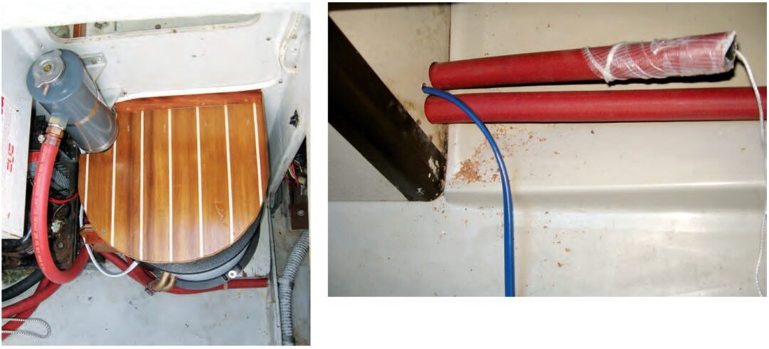 The hot-water tank is in the cockpit locker and Graham put a step over it to protect it, at left. The gray tank is the expansion tank. Running 50 feet of heater hose through the boat, at right, was labor intensive but worth it.