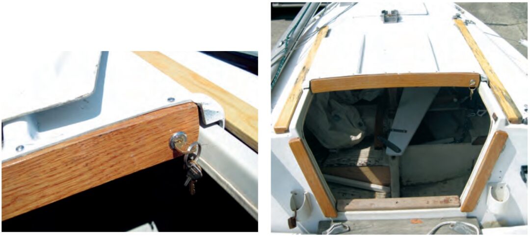 As a finishing touch, Chas fitted a more elegant lock, at left. With new trim, the hatch is functional and presentable, at right.
