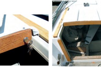 As a finishing touch, Chas fitted a more elegant lock, at left. With new trim, the hatch is functional and presentable, at right.
