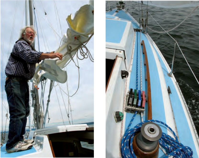 Because of the offset companionway, the safer side to stand when furling the mainsail is the port side, at left. Halyards are led aft to the narrow starboard side of the companionway, at right. The steep camber in the sidedecks is also evident.