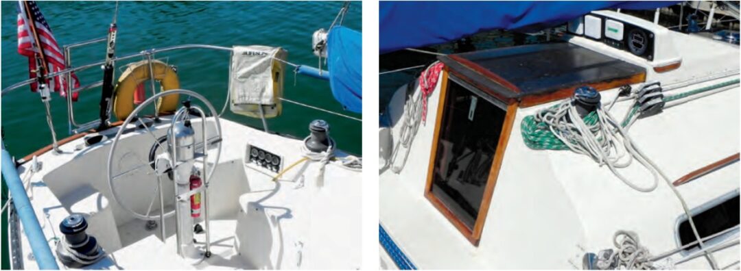 During his test sail, Allen found the small seats in the cockpit corners to be of limited value when steering, at left. Also, the rudder head is right where the helmsman stands, but is accessible for fitting the emergency tiller. Skylark’s companionway has a single acrylic washboard and a sea hood with an instrument pod, at right. Halyards are led aft through clutches to self-tailing winches.