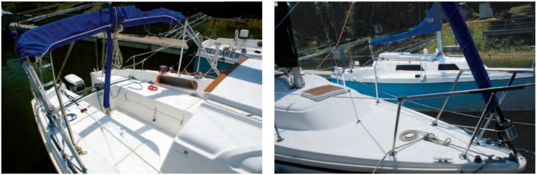 The roomy cockpit, at left, comfortably seats four. Seat lockers and coaming cubbies provide plenty of stowage. The foredeck, at right, has few obstructions while providing the basic necessary hardware: chocks, cleats, and running lights.