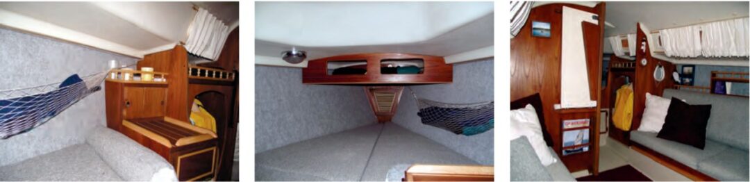 Adding the vanity in the forward cabin, at left, made living aboard easier and hardly affected use of the V-berth, which is too small for two anyway, at center. Behind the new carpeting on the hull sides is a layer of insulation. The rail that supports the bed slats is visible on the settee front, at right. More of Dan’s shelves can be seen above the settee back.