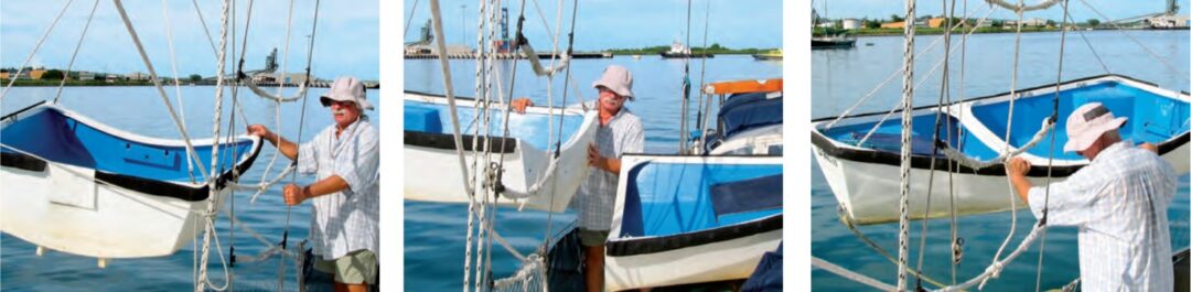 To launch Bacio, Philip and Leslie first turn her aft half upright and hoist it with a halyard, at left. With Bacio’s stern suspended, they flip her bow half and turn it so the bulkhead faces outboard, center. Once the two halves are mated, they switch the forward bridle legs to the bow for launching, at right