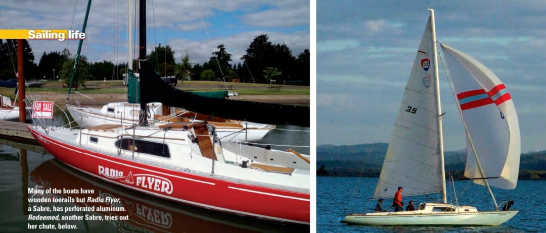 Many of the boats have wooden toerails but Radio Flyer, a Sabre, has perforated aluminum, at left. At right, Redeemed, another Sabre, tries out her chute.