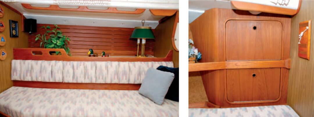 To open up the saloon, Ron cut back the leeboards on the pilot berths, at left. In the forward cabin, he fitted cabinets, at right, that provide useful storage space without impinging on the V-berth.