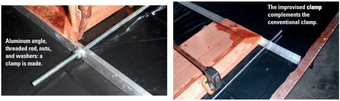 Aluminum angle, threaded rod, nuts, and washers: a clamp is made, at left. The improvised clamp complements the conventional clamp, at right.