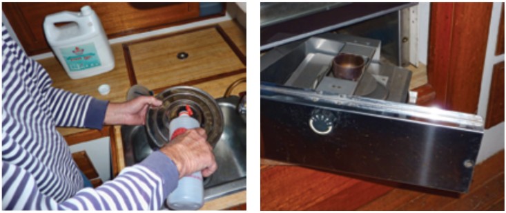 To fill the fuel canisters, it’s best to first decant the alcohol from the gallon jug into a smaller container, at left. The canister for the oven is held in a swing-out panel at the base of the stove, at right.