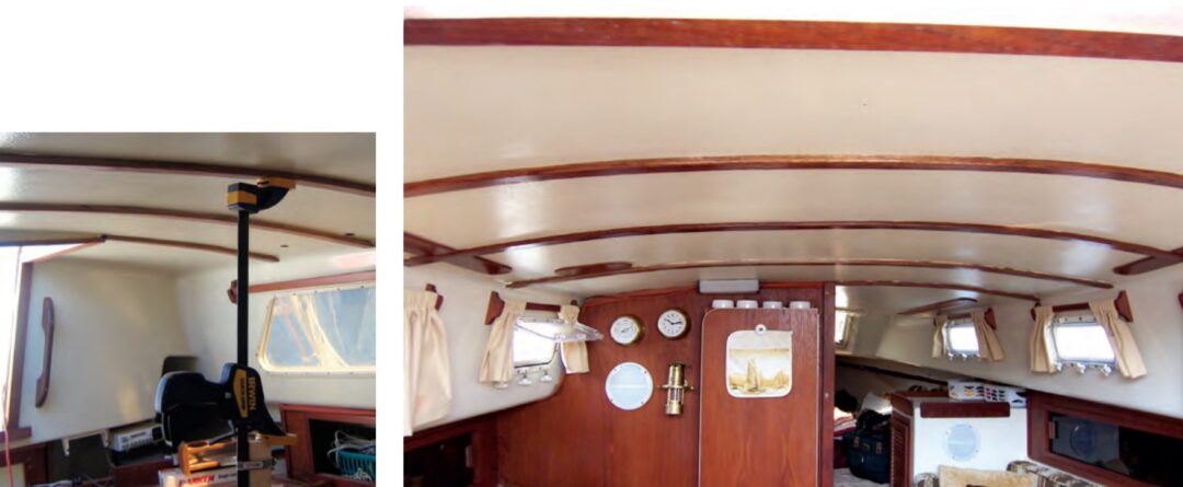 Jim thought the overhead looked bland, so he installed mahogany beams, at right. To hold them up while the glue set, he used the same technique as for the cabin sole, at left.