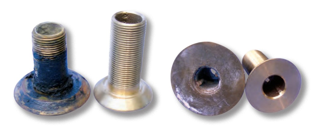 The old through-hull (on the left in both photos) has a much larger base than the new one (on the right). Had Paul used the new one, he would have had to cut it to length.