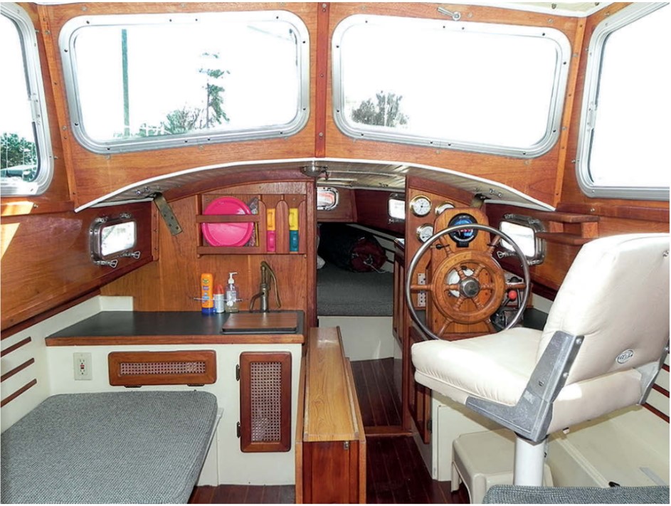 The inside helm station, galley, and saloon are all in the pilothouse where there is more than 6 feet of headroom.