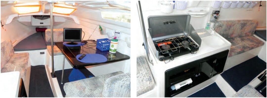 The spacious cabin in the MacGregor 26X has 6-foot headroom, at left, and provides perfectly adequate amenities for gunkholing. Thanks to the molded overhead liner and furniture pan, to clean the interior you could simply remove the cushions and hose it down. The compact galley has space for a portable stove, at right. A small sink is molded into the pan and a small stowage area is provided beneath it.