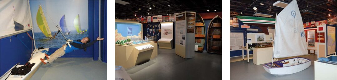 Adventurous attendees at the New Age of Sail exhibit can try out the trapeze on the hiking and trapezing display, at left. Visitors are greeted with displays that trace the history of Canadian boatbuilding, center, and youngsters can get a close-up look at an Optimist dinghy, at right.