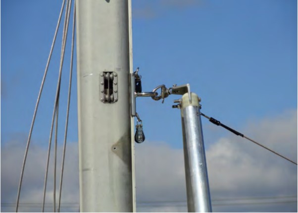 The apex of the after A-frame attaches to the ring on the spinnaker-pole car with a snapshackle. The stainless-steel wire leading forward connects it to the forward A-frame.