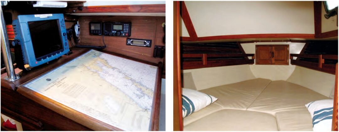 A full-sized chart table, at left, makes navigating a pleasure, and Linda’s reupholstered cushions bring luxury to the V-berth, at right.