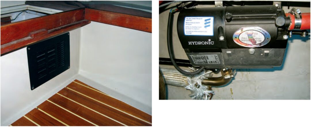 The larger radiator warms the saloon, at left. It’s under the aft leg of the U-shaped settee and draws air from the galley. The Espar heater, at right, is installed aft under the cockpit. It draws combustion air from the cockpit locker and the exhaust exit is in the transom.