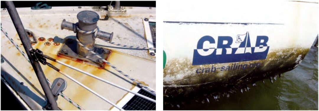 Not pretty, but pretty impressive. St. Brendan’s deck and fittings show the effects of 10 months at sea, at left. Inch-long barnacles and a slimy waterline, at right, are the natural accumulation on St. Brendan’s hull during her long voyage.