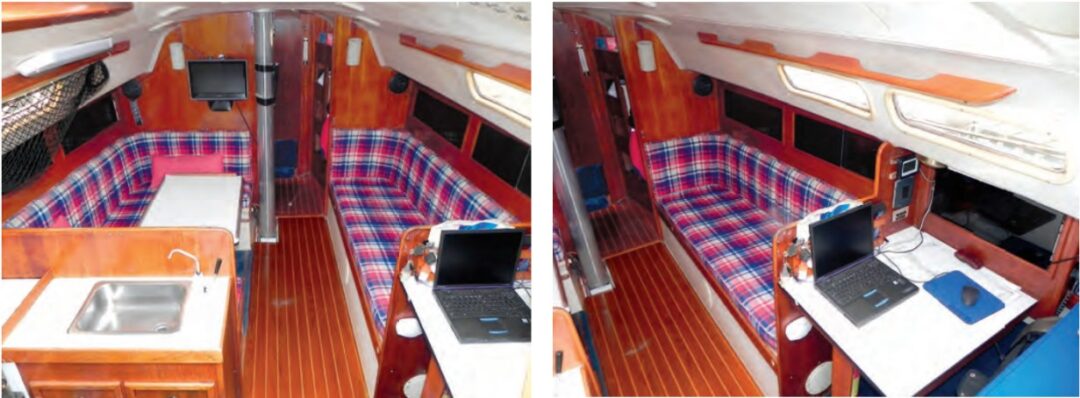 The saloon layout is straightforward with a U-shaped, convertible dinette to port and a settee to starboard, at left. The head of the quarter berth is the seat for the compact nav station, at right.