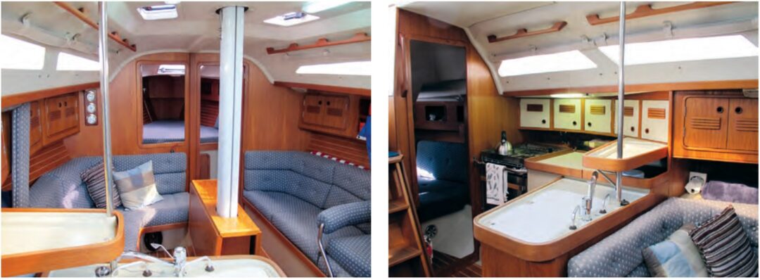 The C&C 34+ has quite a plush interior, at left, and the openings in the forward bulkhead expand its spacious feel. While a little short on counter space, the galley, at right, does have a double sink, decent storage, and a gimbaled stove. The private quarter berth is just visible aft.