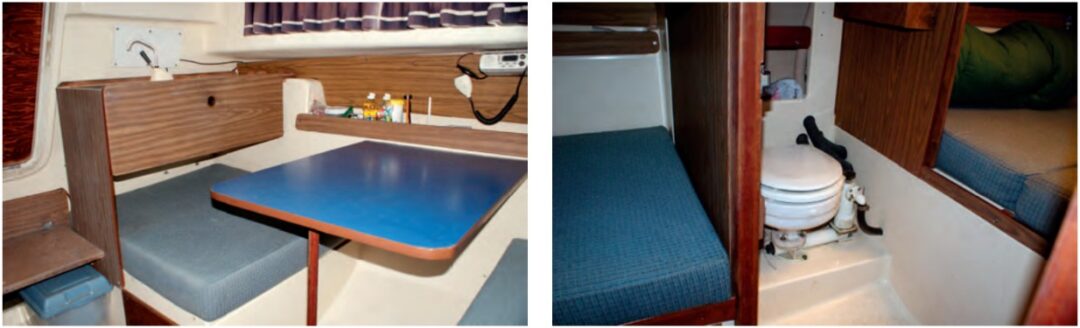 The dinette seats two comfortably, at left, but two more can be seated across the aisle on the starboard settee. A small sink above the aft seat is served by a hand pump. There’s space in the head for a marine toilet, but no sink, at right. Opposite is a hanging locker. A sliding panel closes off the V-berth.