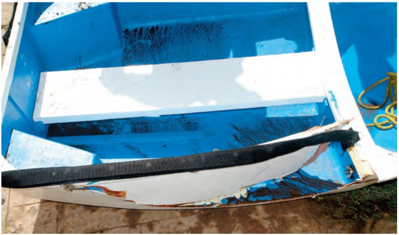 Bacio’s rugged construction probably saved Philip’s life when he was hit broadside by a speeding powerboat in Nuku Hiva. The collision stove in the starboard aft hull panel, leaving the forward half of the boat undamaged.