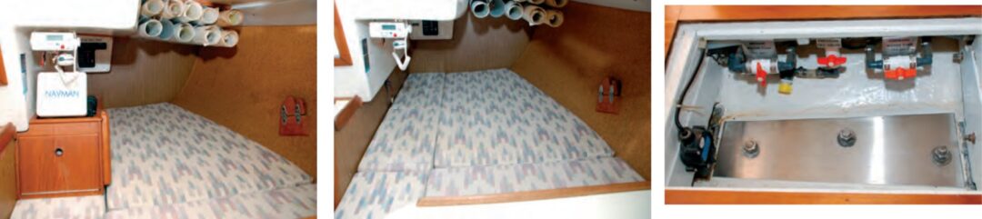 To enlarge the quarter berth, Ron replaced the original wet locker with a storage cabinet that can be removed, at left. The bracket in the hull side supports a backrest for the nav-desk seat. Ron is meticulous in maintaining even the bilge areas, at right.