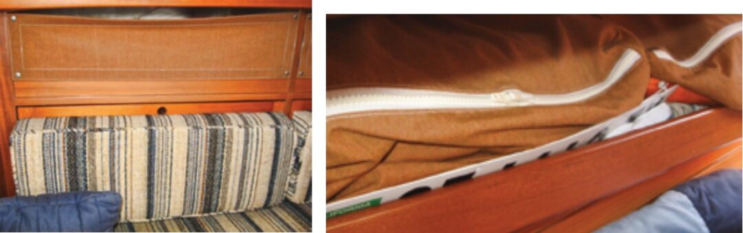To keep personal effects and all that necessary boat stuff secure and out of sight, Jo and Dee had custom canvas enclosures made for shelves in the saloon, at left, and the forward cabin, right.