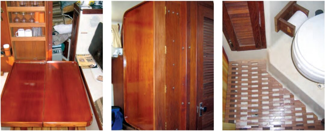 Sundew’s new table, at left, folds against the bulkhead, where a hinged flap holds it in place, center. Jim’s flexible shower grating is a work of art, at right.