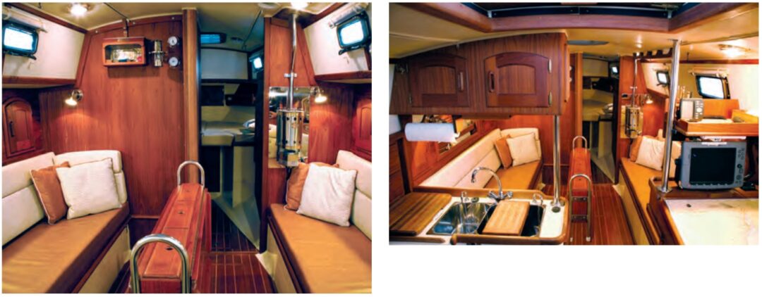 The fixed saloon table, at left, provides solid handholds and a home for the ship’s wine. Nothing betters the classic cabin layout, at right, with its straight settees and nav desk and galley aft.