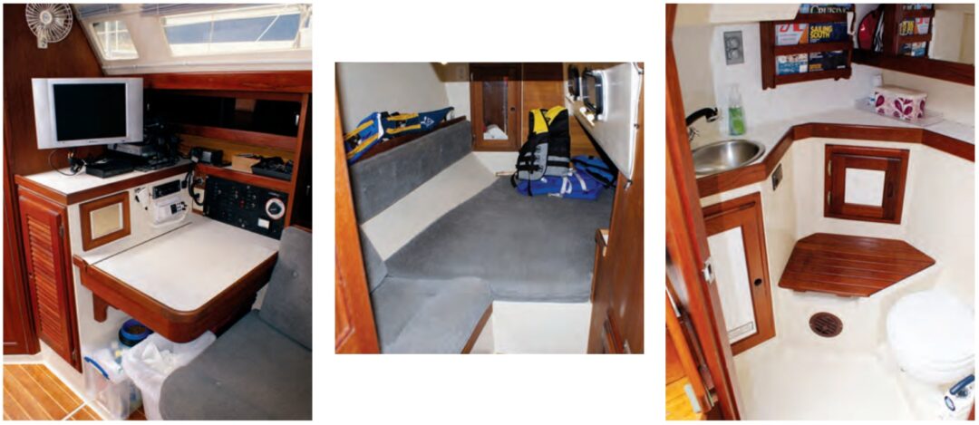 The nav station, at left, to port utilizes one end of the settee for a seat. A peek into the aft cabin, center, shows a small seat and the portlights into the cockpit footwell. The head, at right, includes a teak seat for seated showers and even a rack for reading material.