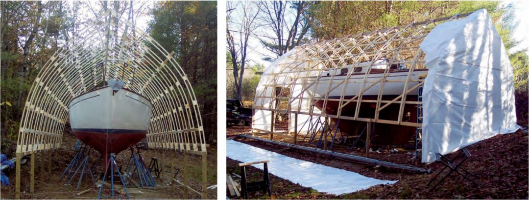 After erecting the bows, at left, and before covering the framework with shrink-wrap, at right, Matt added stringers and diagonal braces.