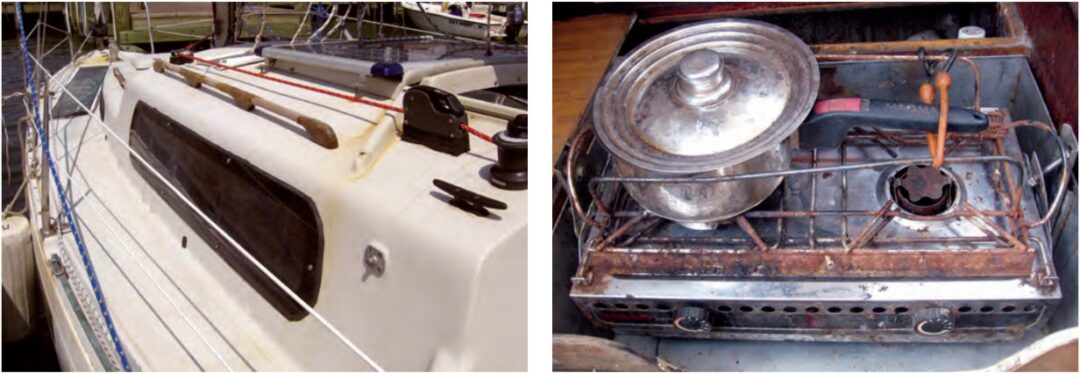 Large deadlights like those in the Vega’s cabin trunk, at left, are sometimes vulnerable in bad sea conditions, so Matt and the CRAB crew fitted them with Lexan storm covers. The perpetually damp atmosphere belowdecks caused anything metal to corrode, at right.