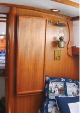 Brass kerosene lamps add a salty touch to the saloon which is decorated to be nautical and homey.
