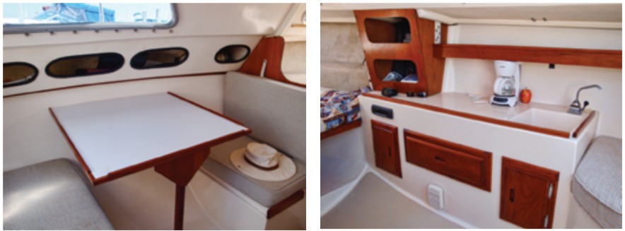 The dinette, on the port side of the saloon, at left, converts to a double berth. Oval storage compartments above it have a shippy look while saving construction weight. The compact galley, at right, is an example of how the Clark Boat Co. employed advanced manufacturing techniques.