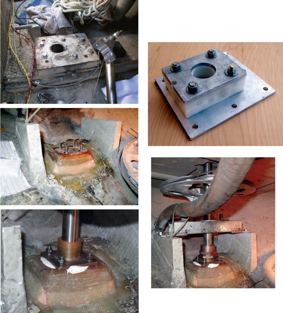 The upper bearing, top left, was a plastic bushing in a wooden block and was getting worn. Jim fabricated a new one out of Delrin sandwiched between aluminum plates, top right. Jim glassed the block for the lower bearing to the hull after aligning it with a pipe, center left, then assembled the bearing and shaft seal to it using 3M 5200 as the sealant, bottom left. Once everything was back together, Jim’s steering system was as good as new, or even better in parts, bottom right.